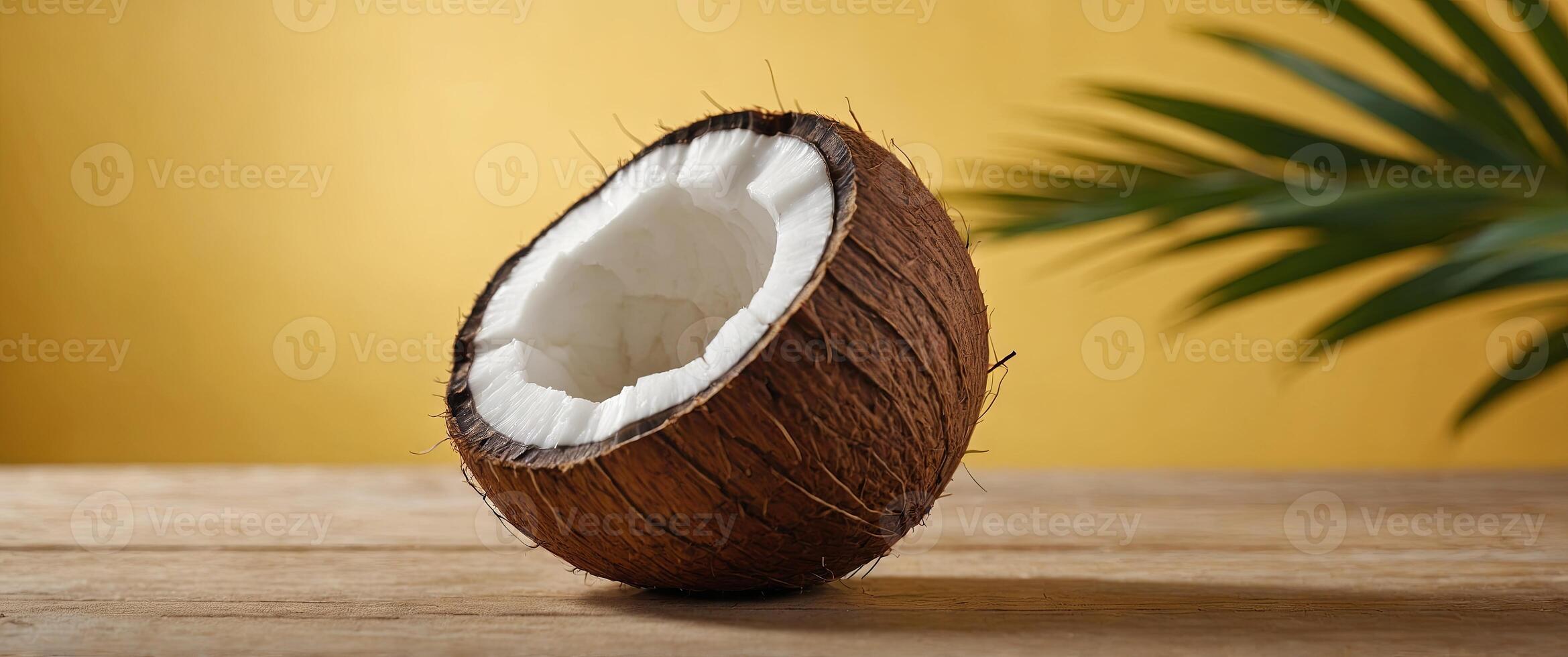 A coconut piece is presented on yellow background representing summer season. photo