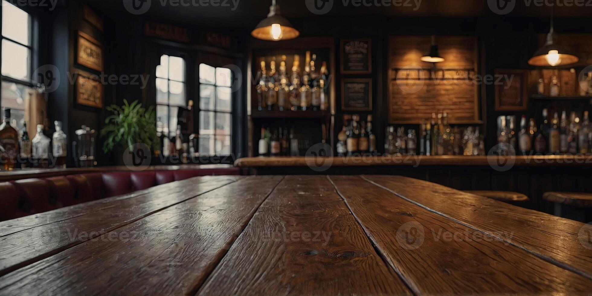 An empty wooden counter table top for product display in a pub or bar. . photo