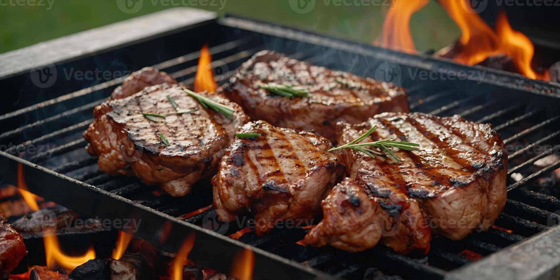 A sizzling barbecue grill with juicy cuts of meat cooking over a roaring, fiery flame, perfect for outdoor summer cookouts and gatherings. . photo
