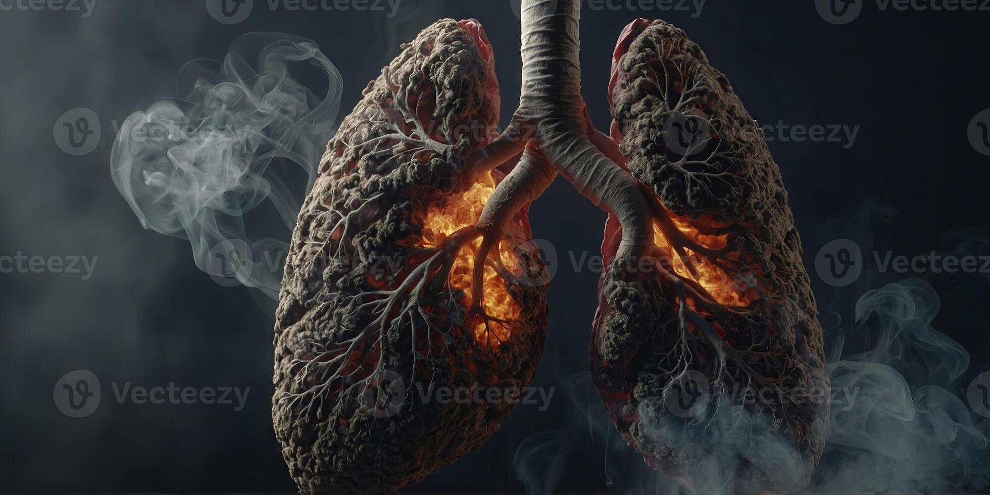 Representation of a human lung affected by smoke, illustrating the harmful impact of smoking and tobacco use on respiratory health, leading to lung disease. . photo
