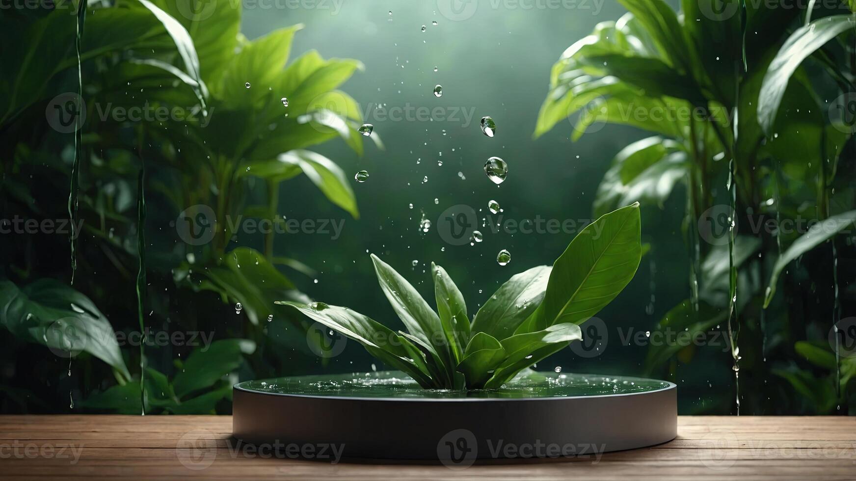 Podium mockup with green natural plant leaves and water drop splashing background, perfect for product advertising display , podium, mockup, green, natural, plant, leaves, water drop. . photo