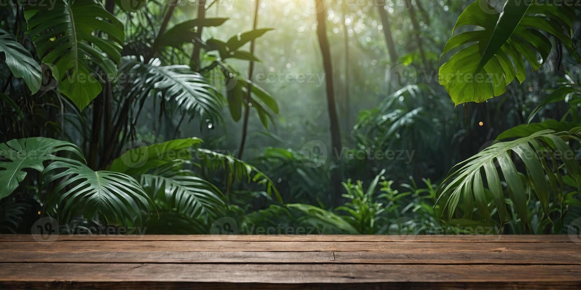 misty jungle background with empty wooden table for product display, bokeh lights, green foliage, copy space. . photo