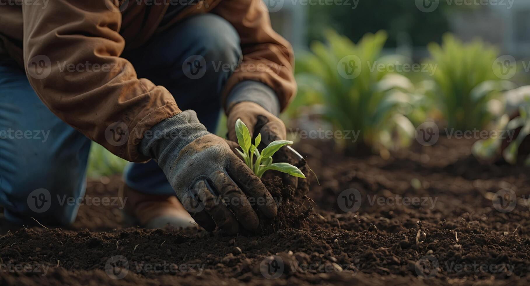 Gardener planting in soil with blurred face. photo