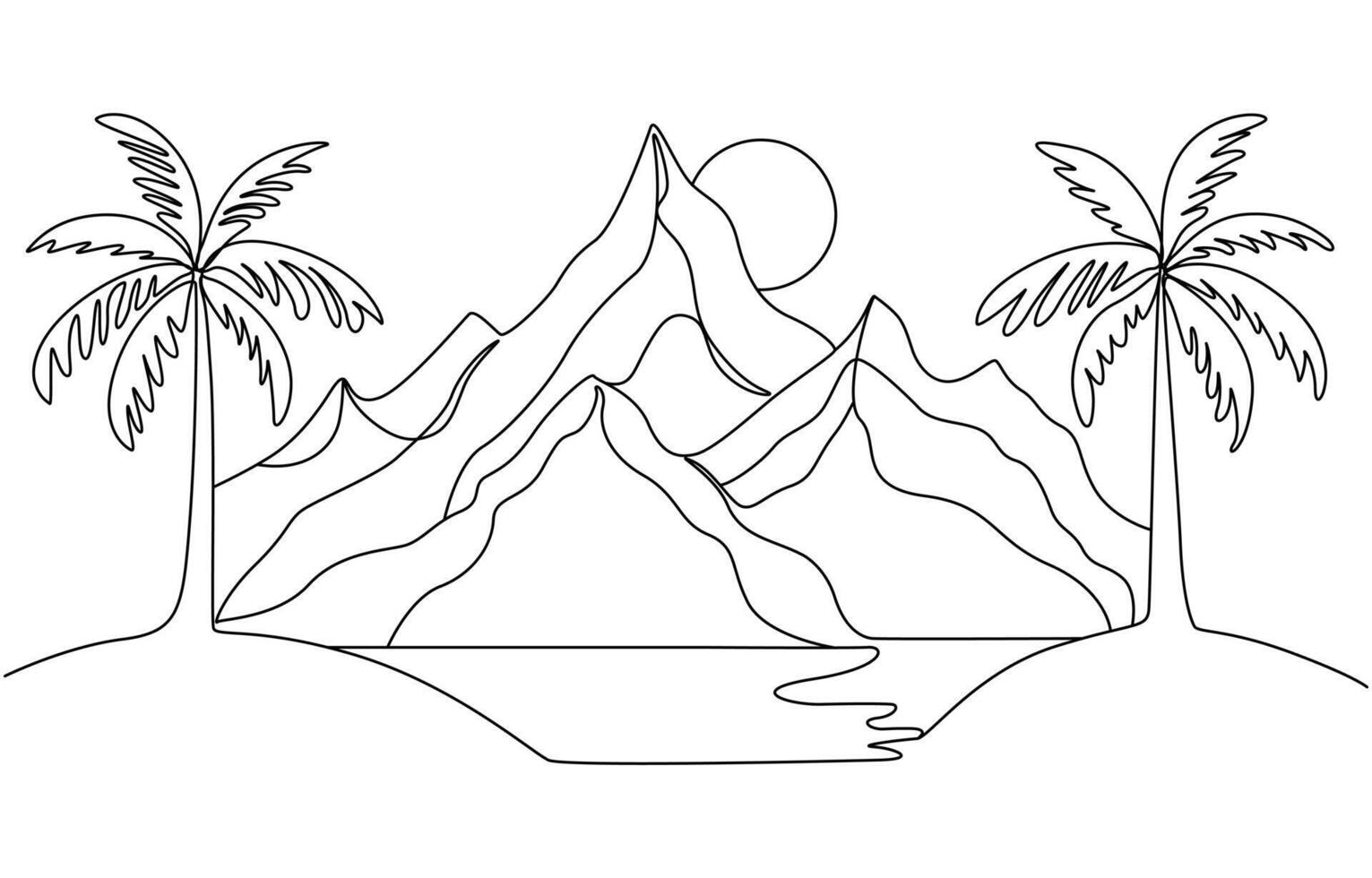 Tropics oasis island line drawing. Abstract tropical landscape continuous art line with mountains, sea, coconut palm tree, cloudscape. nature wallpaper for minimal poster, template, Pro . vector