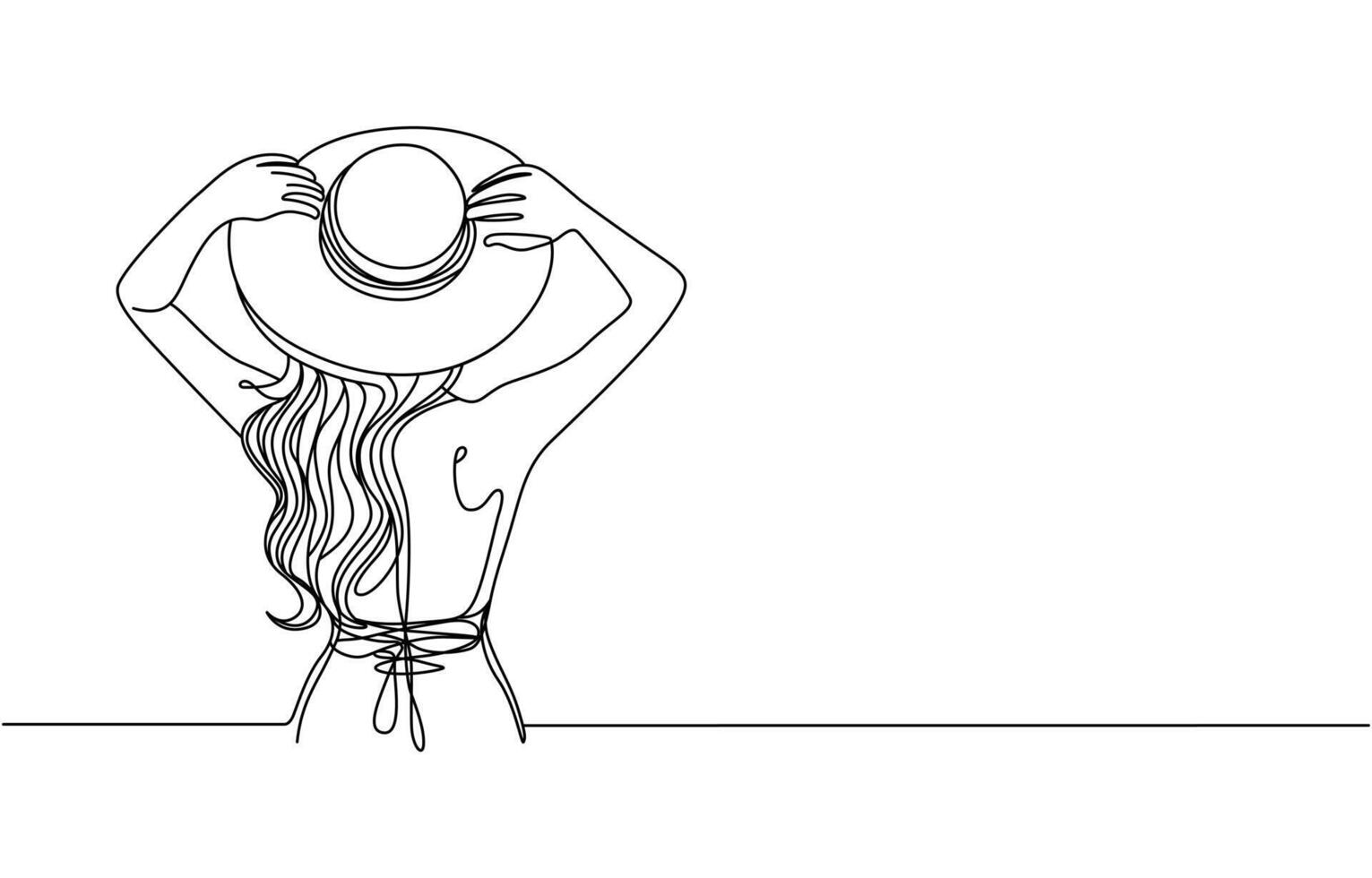 Young woman with a cocktail on the beach sitting.Line art illustration.Continuous line drawing of a girl in a hat under palm trees back view.Summer vacation.Summertime concept, Pro . vector