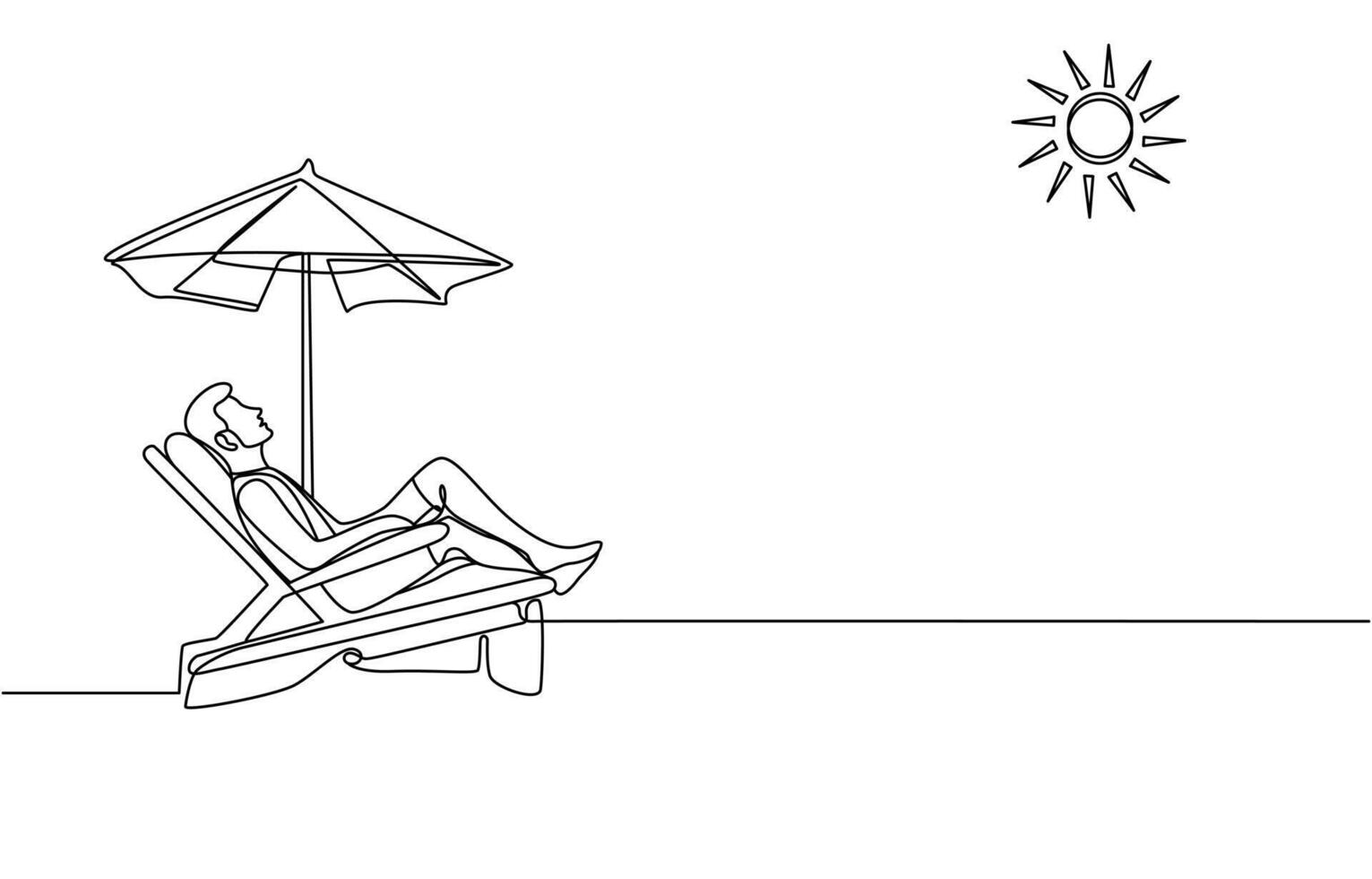 Summer vacation concept in line art drawing style. Coast of the sea, umbrella, people relaxing on a beach, Continuous line art hand drawn styles. pro . vector