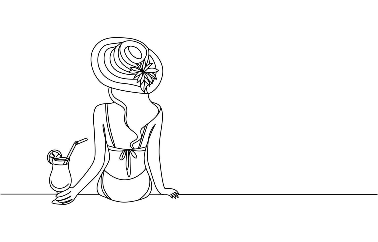 Young woman with a cocktail on the beach sitting.Line art illustration.Continuous line drawing of a girl in a hat under palm trees back view.Summer vacation.Summertime concept, Pro . vector