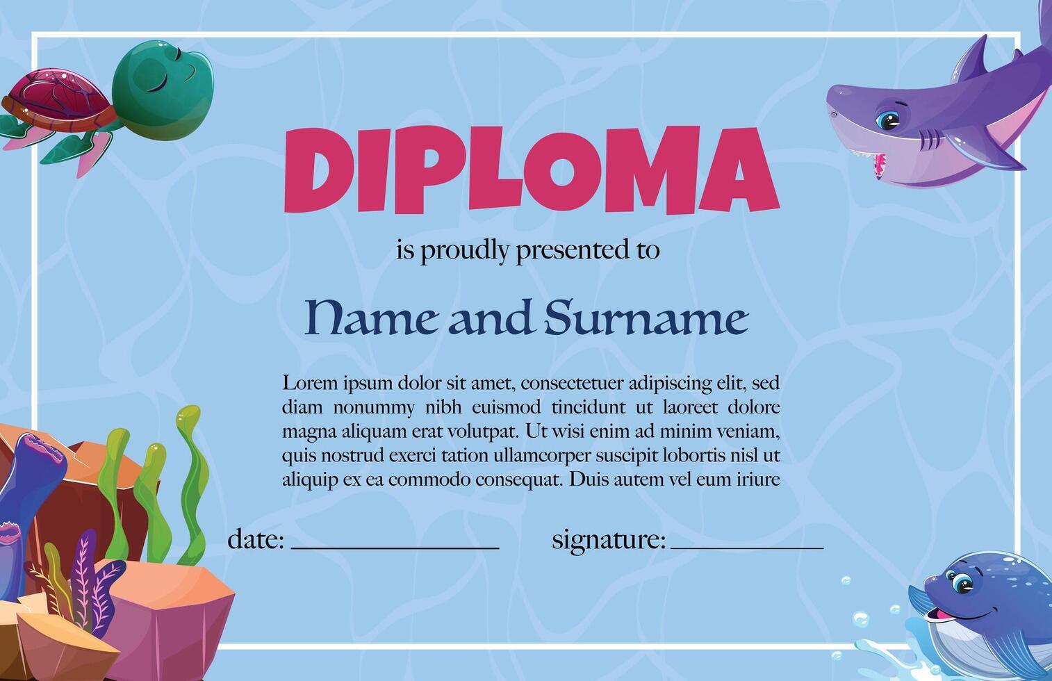 Colorful diploma certificate template featuring underwater theme vector