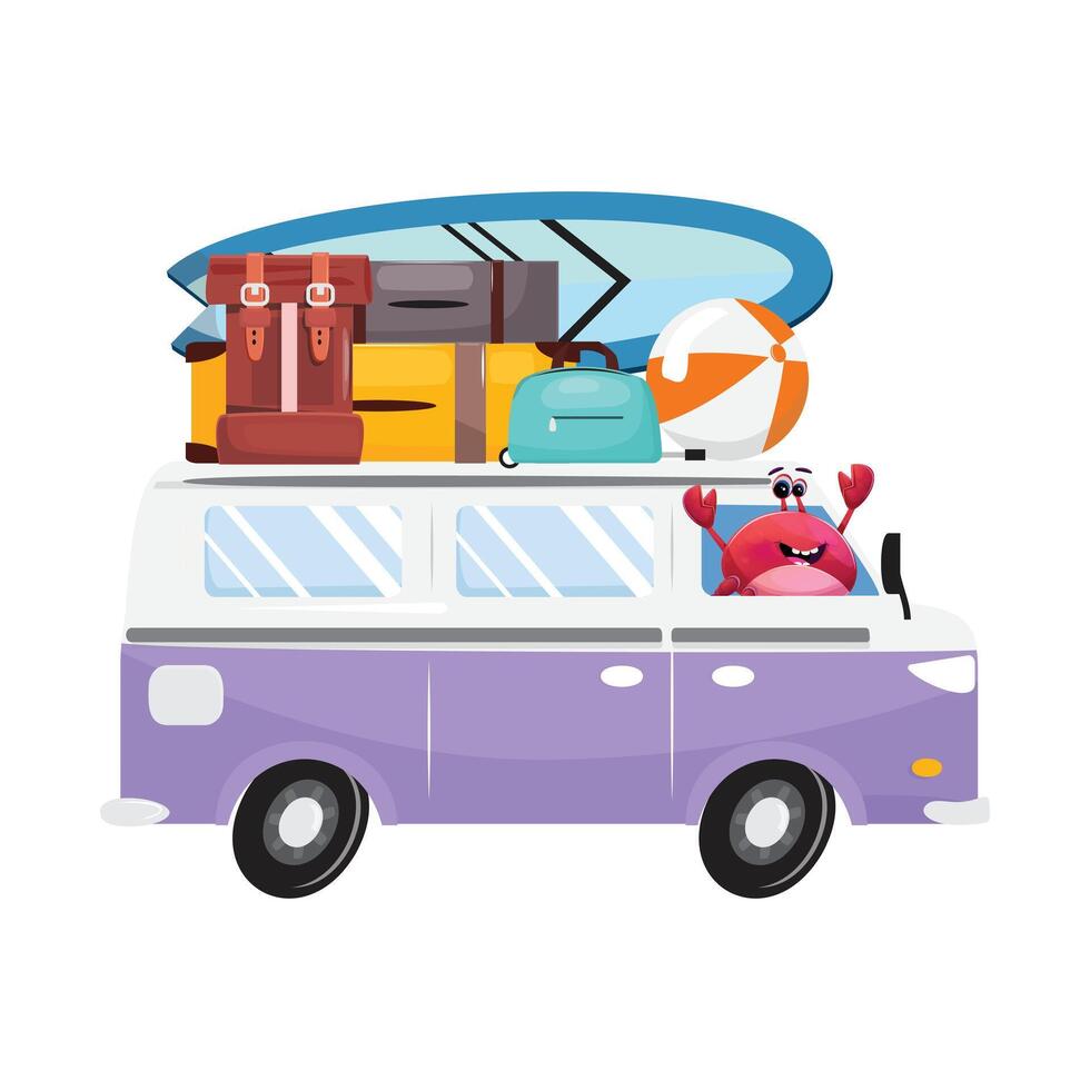 Illustration of a purple van with a red crab waving from the window, packed for a beach adventure. The roof is loaded with suitcases, a surfboard, a beach ball and various travel bags vector