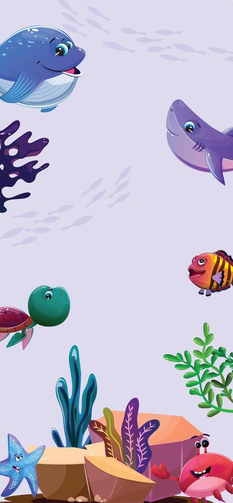 Banner with a lively ocean floor, featuring a happy blue whale, a friendly purple shark, a green sea turtle, a multicolored fish, a smiling blue starfish, and a cheerful red crab surrounded by coral vector