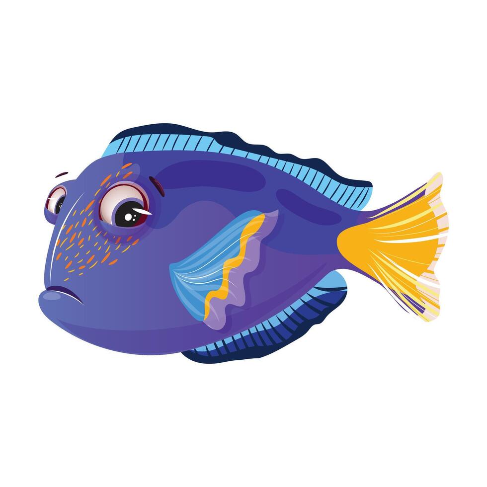 Expressive Blue Tang fish with a sad look, depicted in blue and yellow hues, set against a white background vector