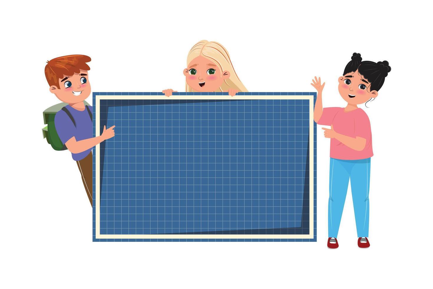 Happy kids presenting a big blue grid board, ideal for back-to-school themes, educational projects, and classroom activities vector