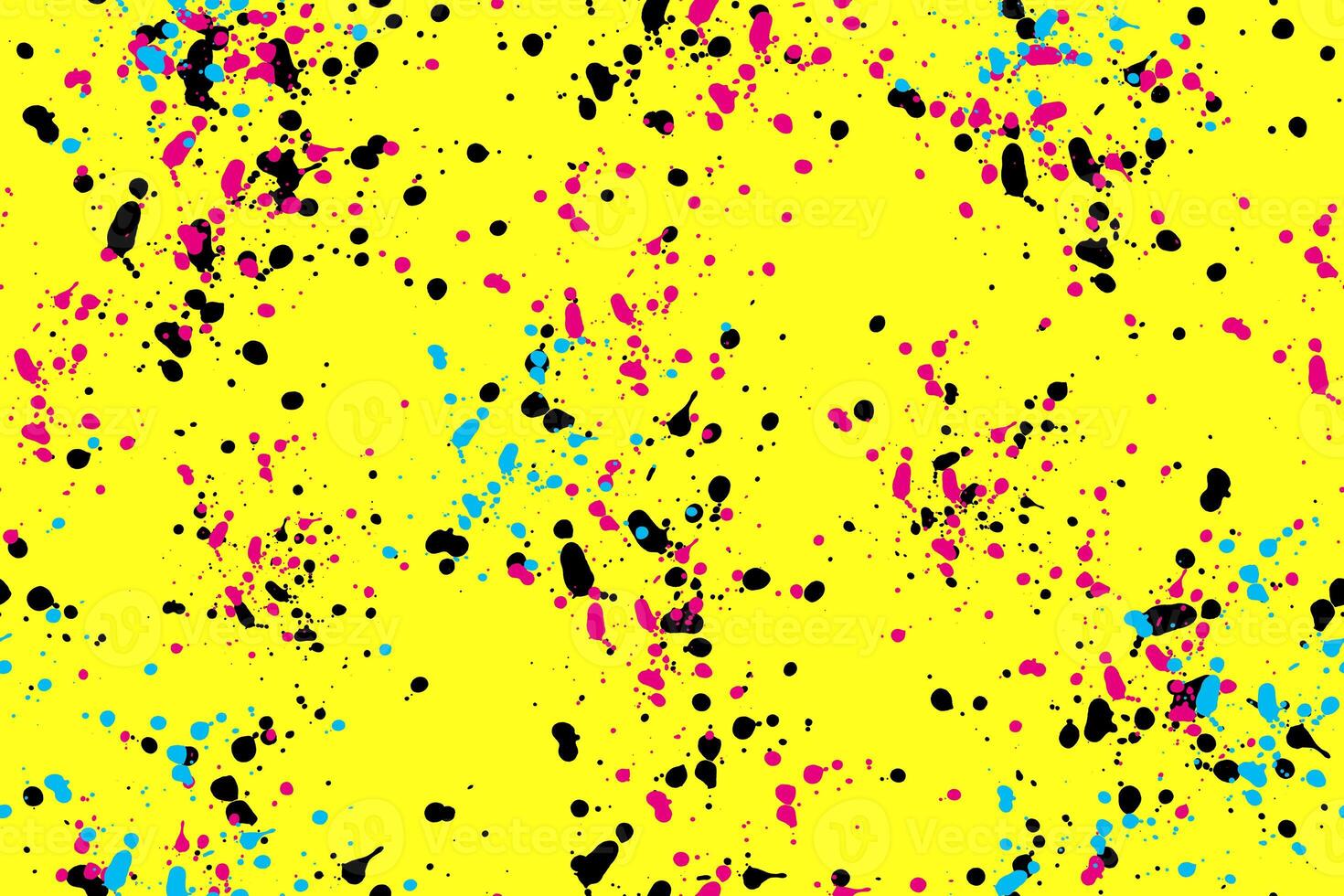 Blots are black, pink, blue on yellow background. Abstract watercolor paint drops. Seamless pattern photo