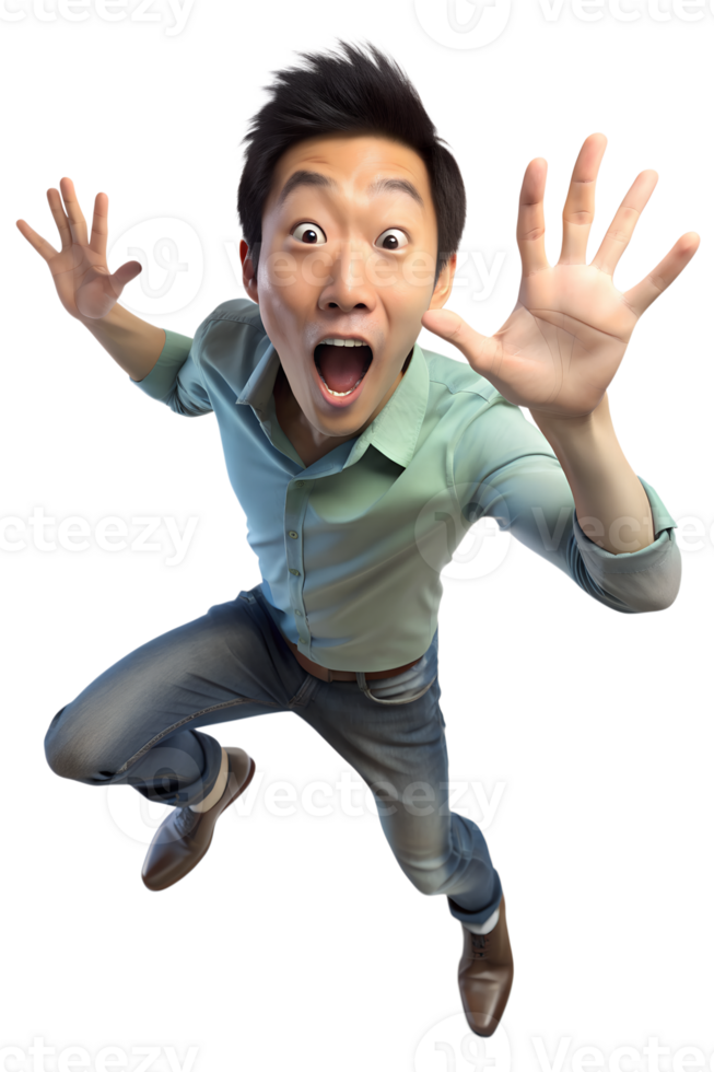 3d render style a asian Illustrate a person jumping back slightly, eyes wide, and mouth open, showing a startled reaction png