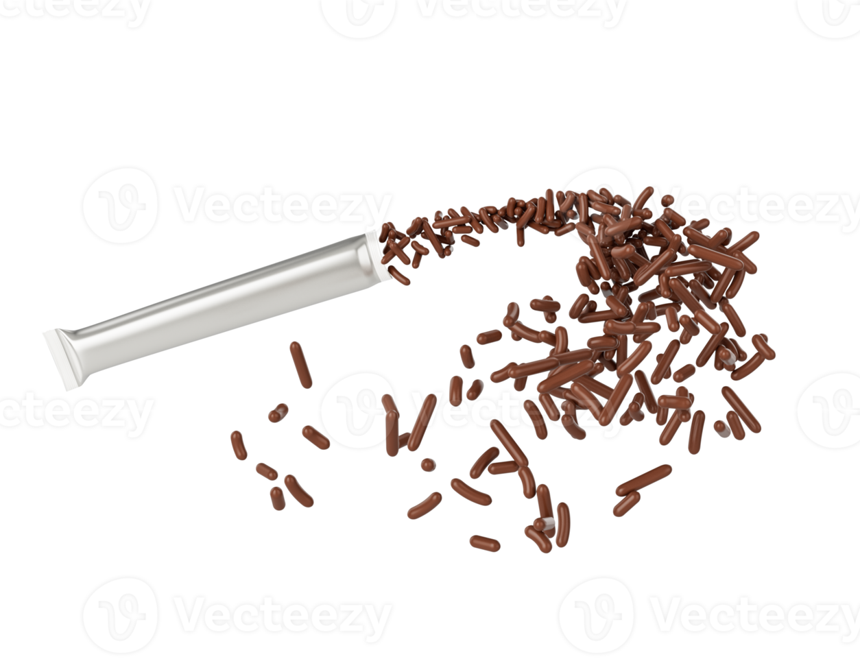 Chocolate Sprinkles Flowing Coming In The Air, Spilling Out From Silver Empty Packet 3D Illustration png