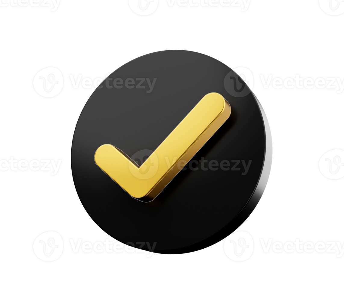 3d Golden Shiny Check Mark Symbol With Rounded Black Icon 3d Illustration png