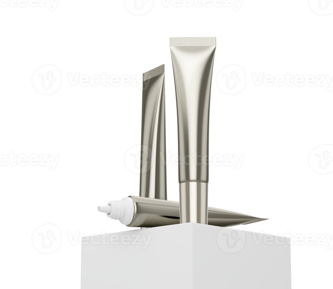 3d Silver Cosmetic Cream Tubes Mock Up Standing On Product Podium 3d Illustration png