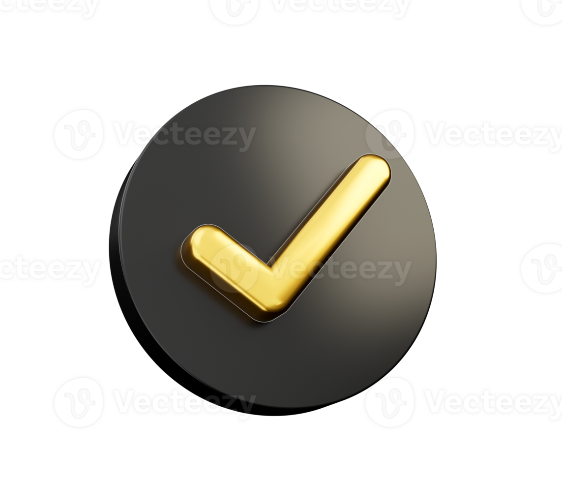 3d Golden Shiny Check Mark Symbol With Rounded Black Icon 3d Illustration png