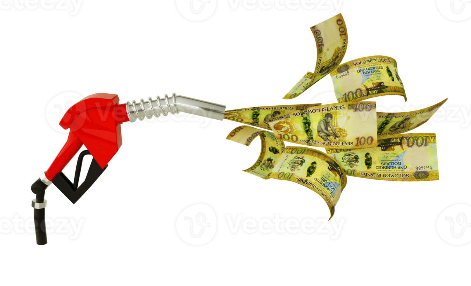 3d rendering of 100 Solomon Islands Dollar notes coming out from fuel pump. red fuel noz zle with Solomon Islands Dollars flying around isolated on a transparent background png