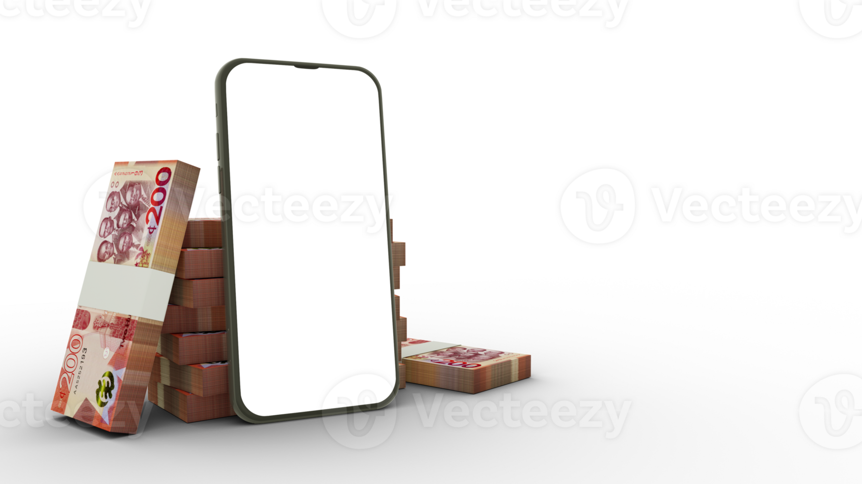 3D rendering of a mobile phone with blank screen and stacks of Ghanaian cedi notes behind isolated on transparent background. png