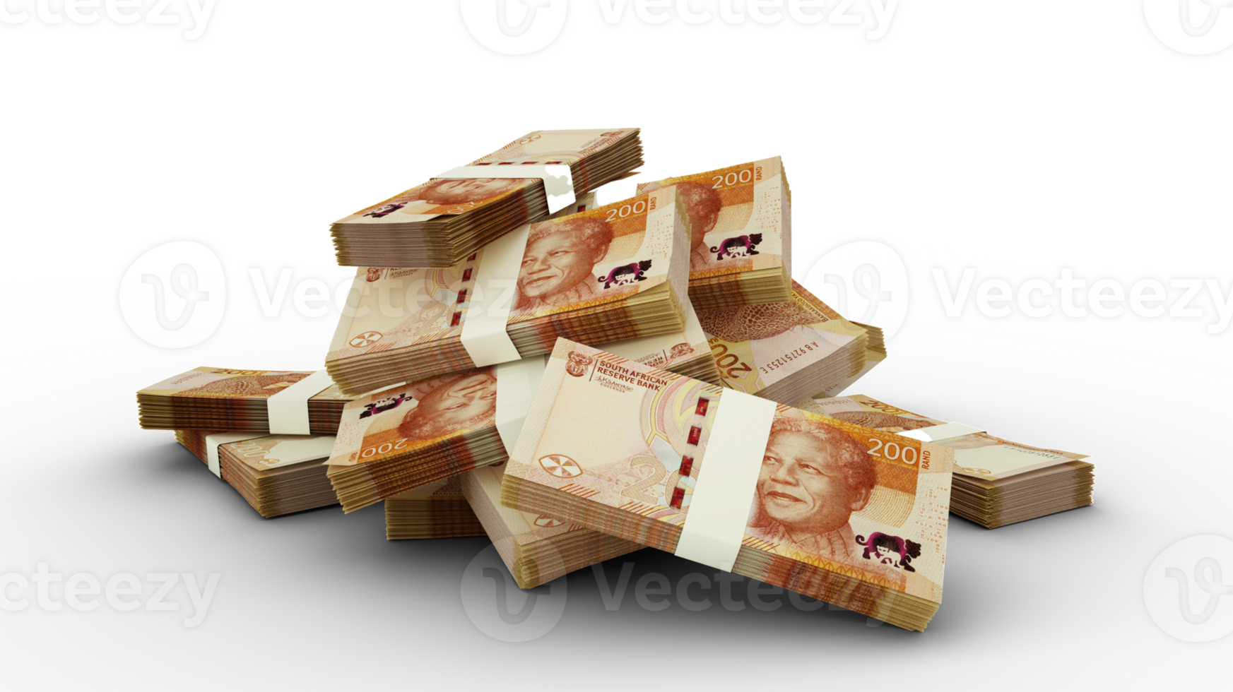 3D Stack of 200 South african rand notes isolated on a transparent background png