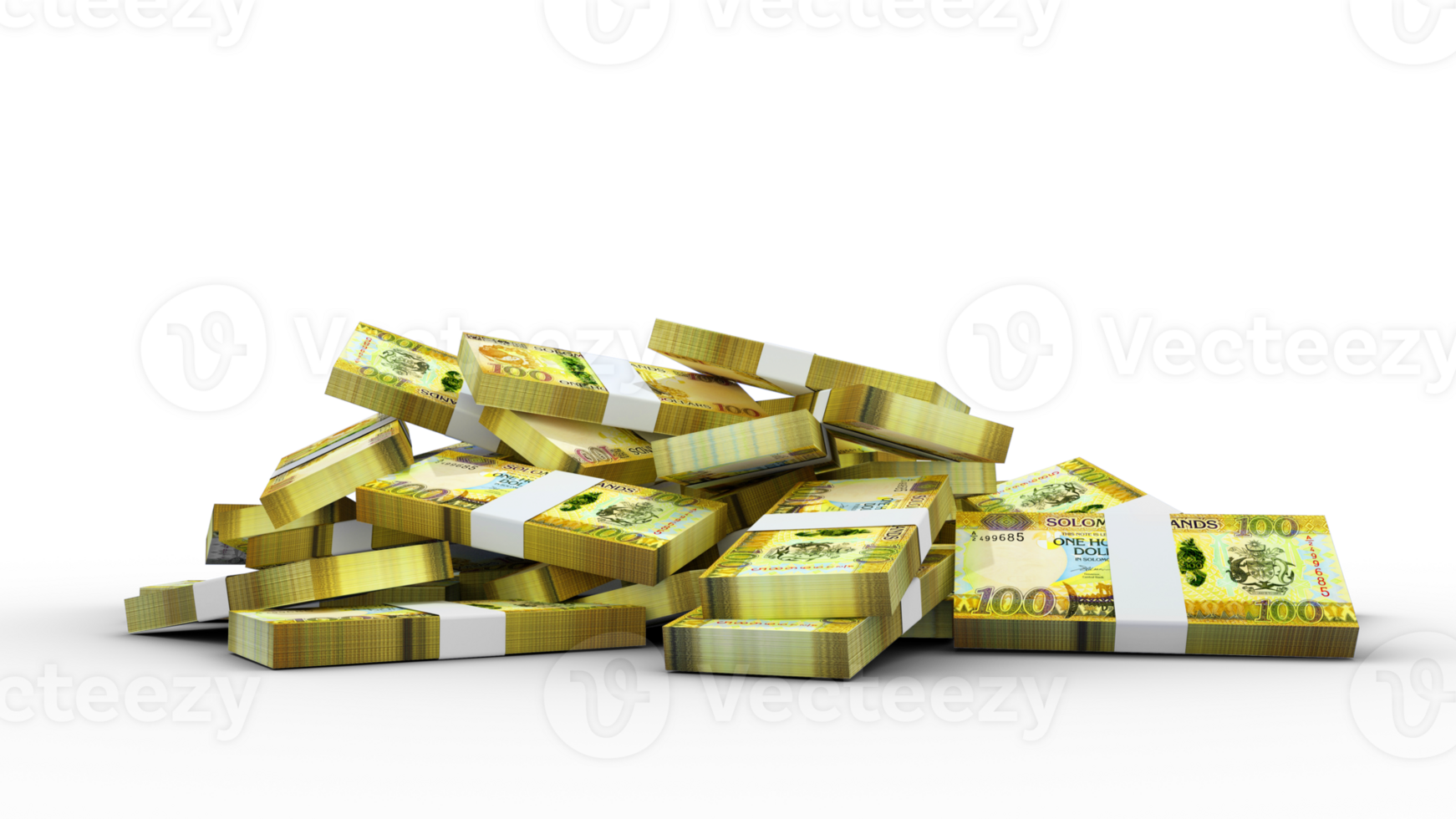 3D rendering of Stacks of Solomon Islands Dollar notes isolated on a transparent background png