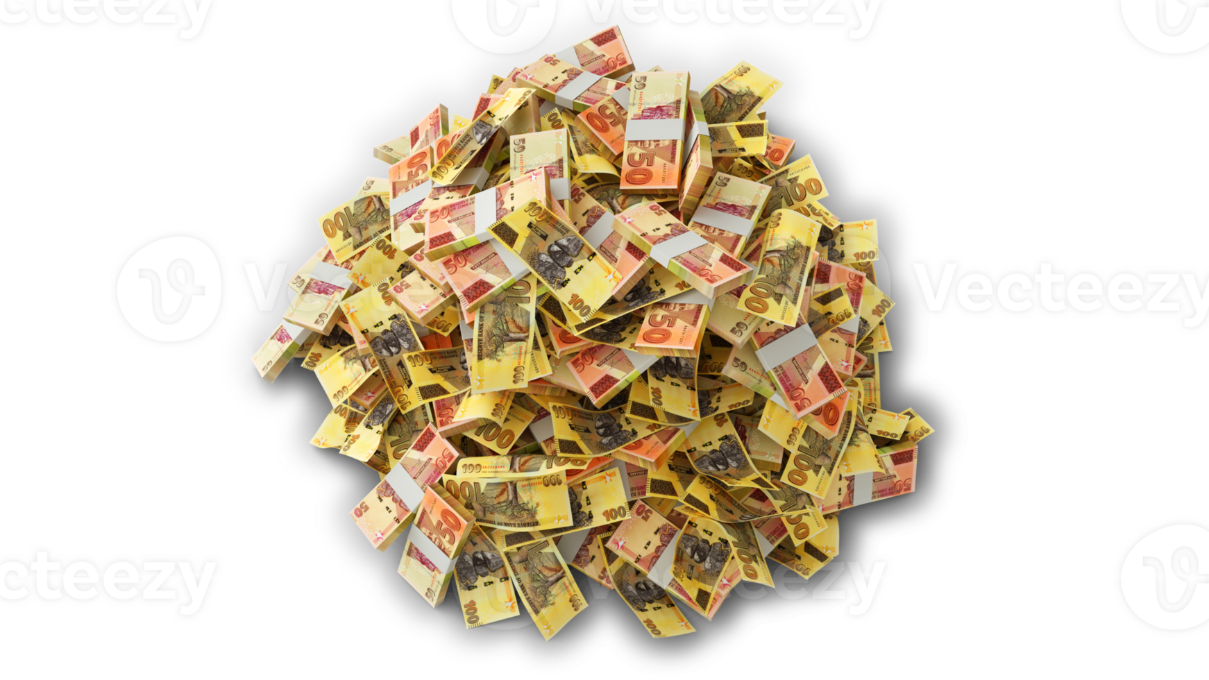 Big pile of Zimbabwean dollar notes. A lot of money isolated on transparent background. 3d rendering of bundles of cash png