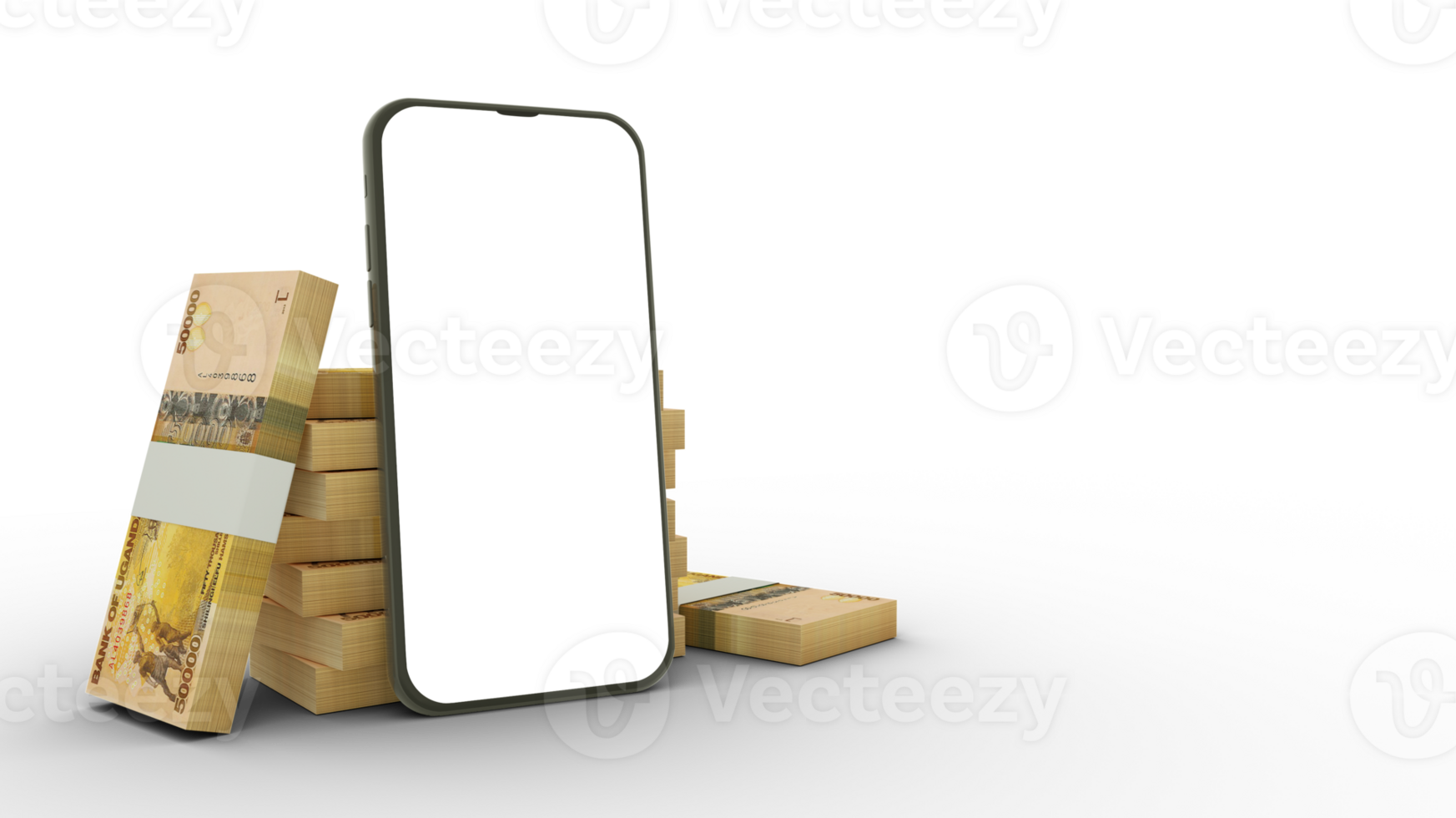 3D rendering of a mobile phone with blank screen in front of stacks of Ugandan shilling notes isolated on transparent background. png