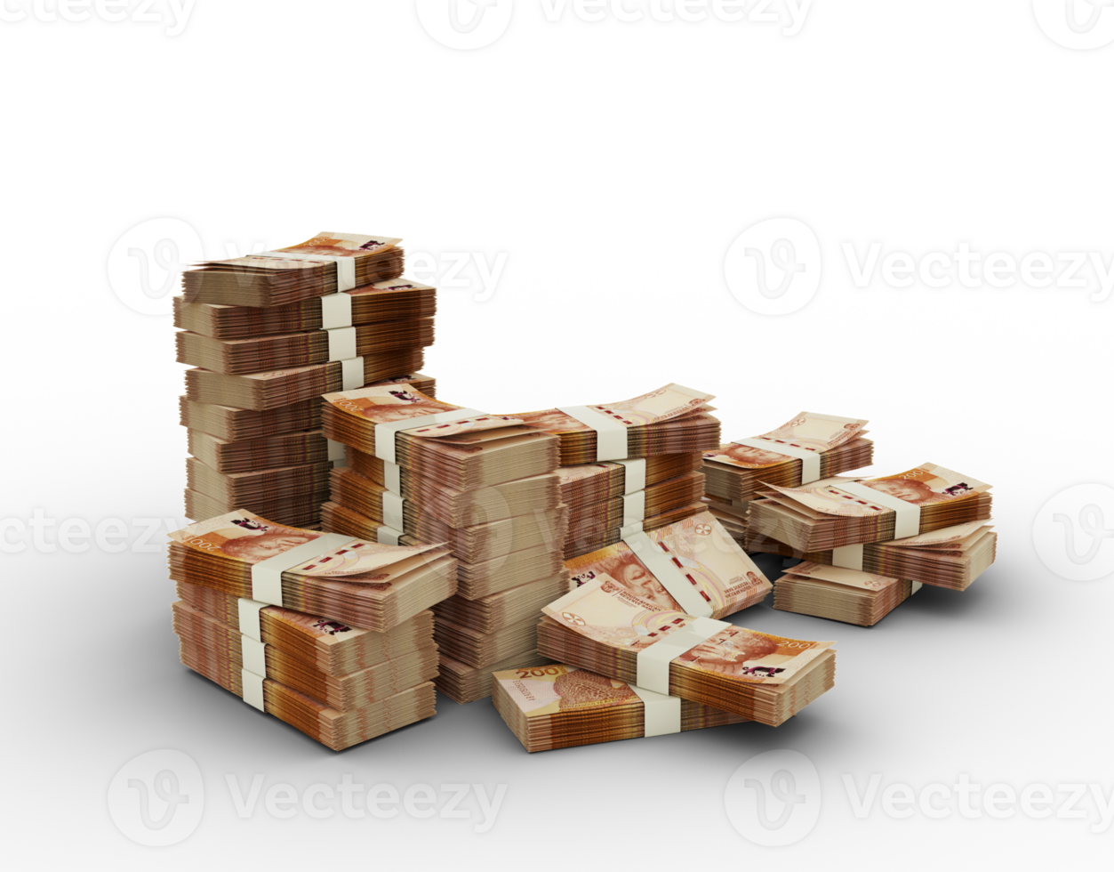 Stack of 200 South African Rand notes. 3D rendering of bundles of banknotes isolated on a transparent background png