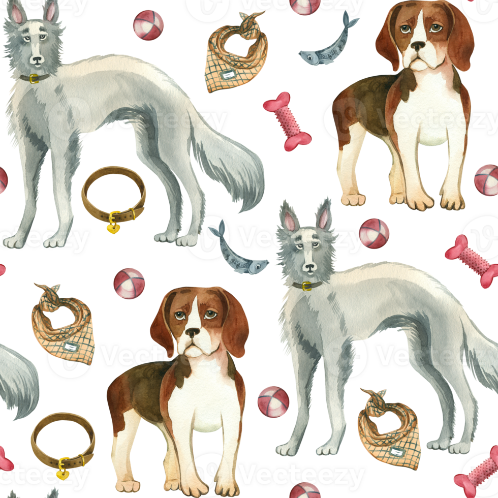 Dogs of different breeds, pets with a ball, collar, bone and leash hand drawn in watercolor. Seamless watercolor pattern. Suitable for printing on fabric, wrapping paper, postcards png
