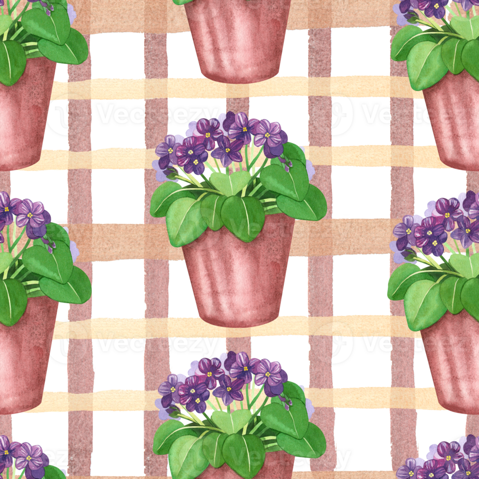 Watercolor seamless pattern. Indoor flowers, violet in a brown pot on a square white background. All objects are hand-painted with watercolors. Suitable for printing on fabric, paper, for design png