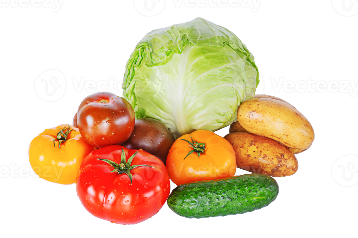 Cabbage, cucumber, colorful tomatoes and potatoes isolated. Vegetables, healthy food. Harvesting png