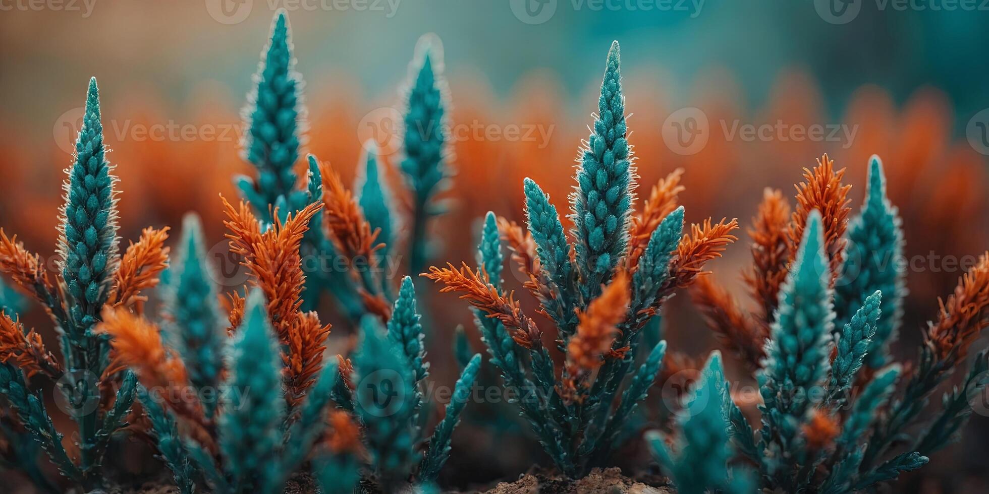 close up macro of an unearthly plant with vibrant teal and orange colors. photo