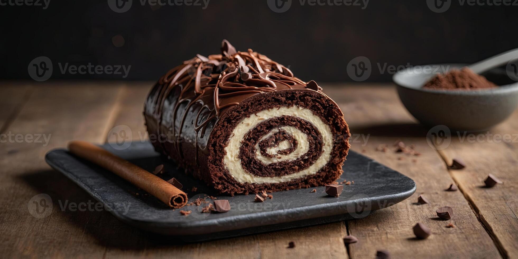 A beautifully presented chocolate log cake roll with several slices cut, displayed on a clean, minimalist background. photo