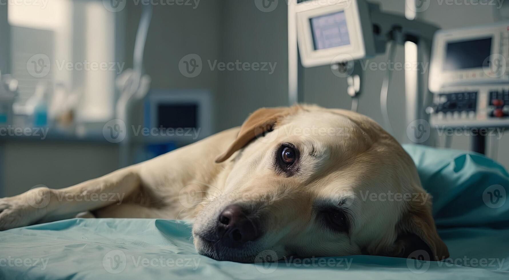 Old dog in animal hospital Sick labrador retriever resting after surgery. photo