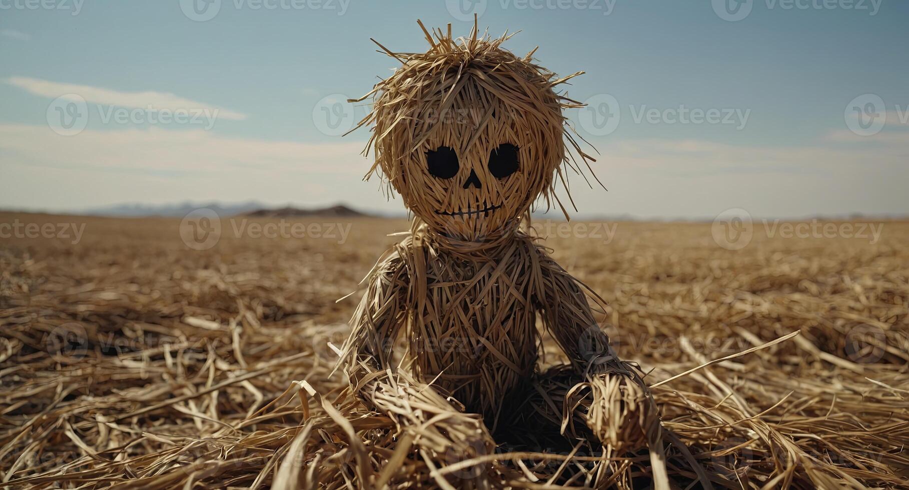 evil looking straw doll dry barren filed. photo