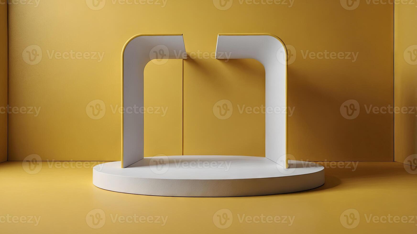 Minimal product display background with white platform podium on yellow wall for banner poster mockup design. photo