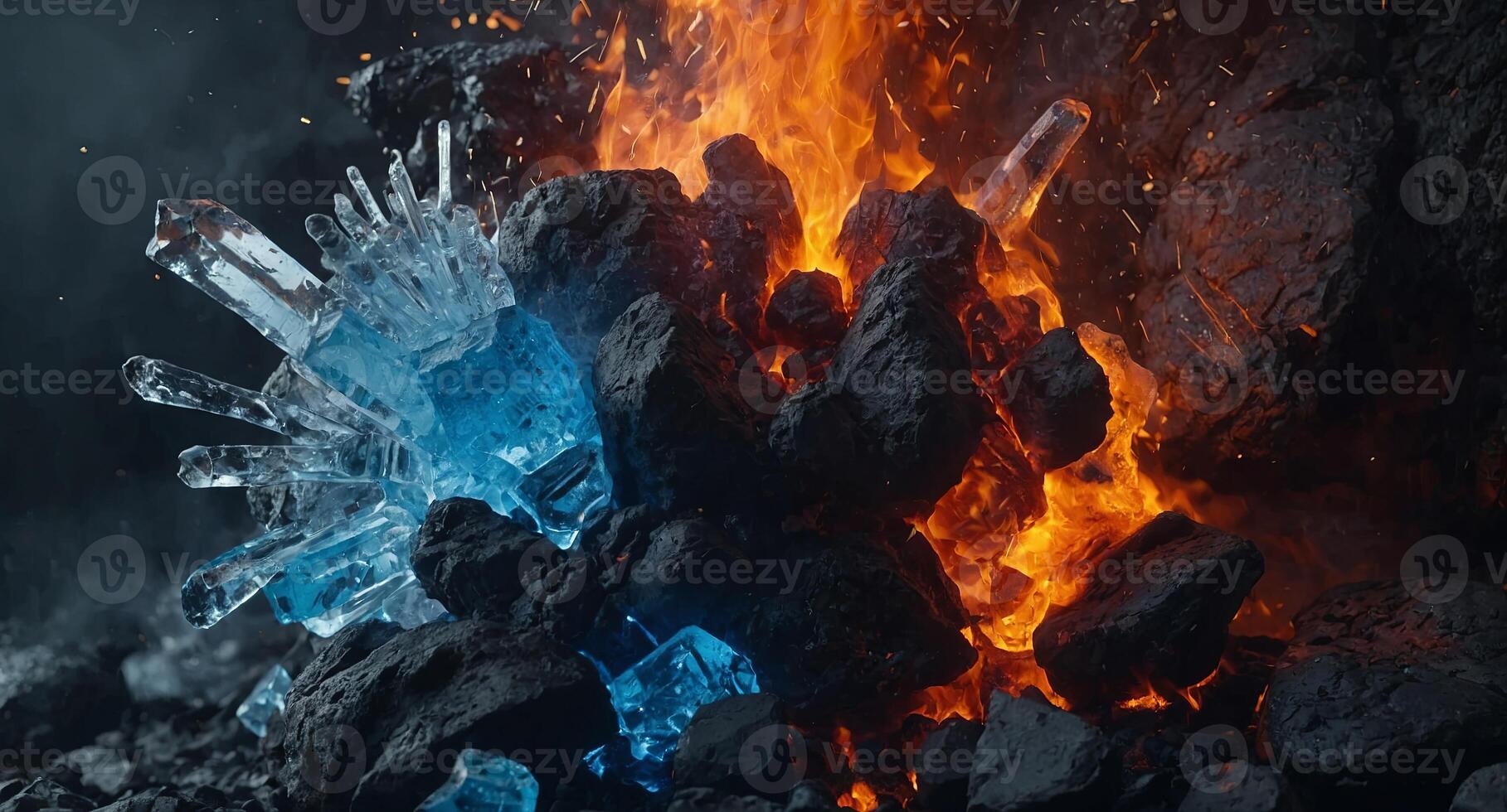 Fire and ice concept Good and evil Hot and cold Exploding fire Exploding ice Lava rock. photo