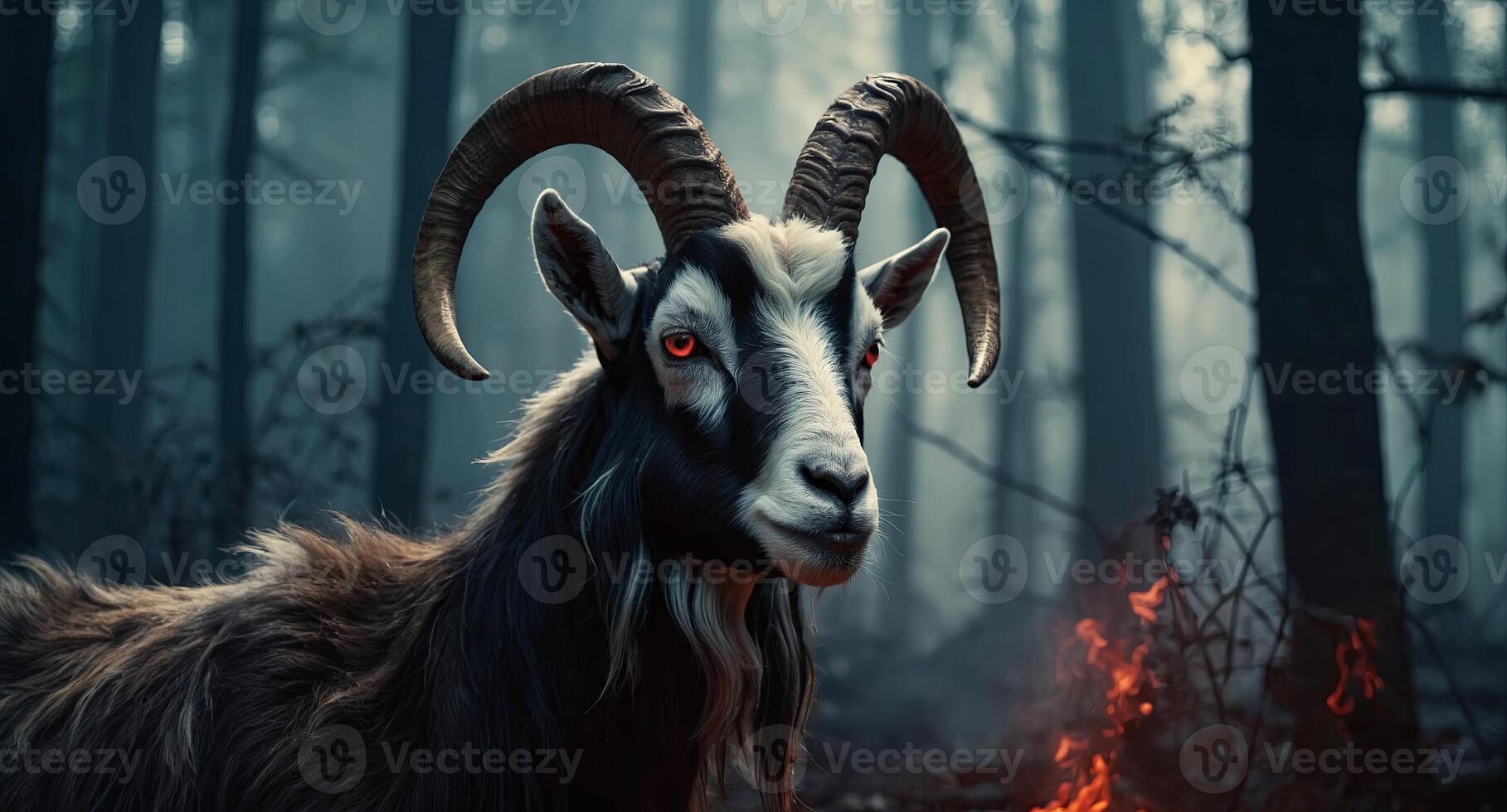 Fantasy image of a goat with horns in a dark forest Baphomet demon goat god Lucifer, belzebu Devil with horns Red fire and smoke in hell. photo