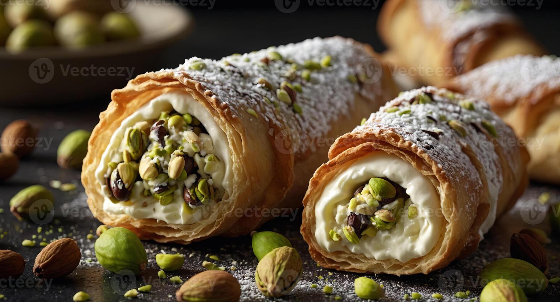 Italian pastry consisting of homemade cannoli filled with ricotta cheese cream and Sicilian pistachios. photo