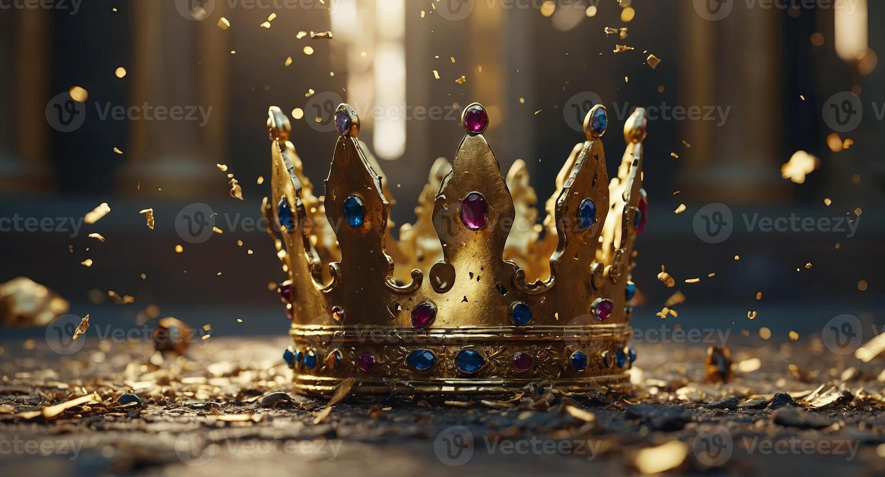 a king or queen crown shattering into many peaces golden falling apart and dissipating into debris bokeh palace background. photo