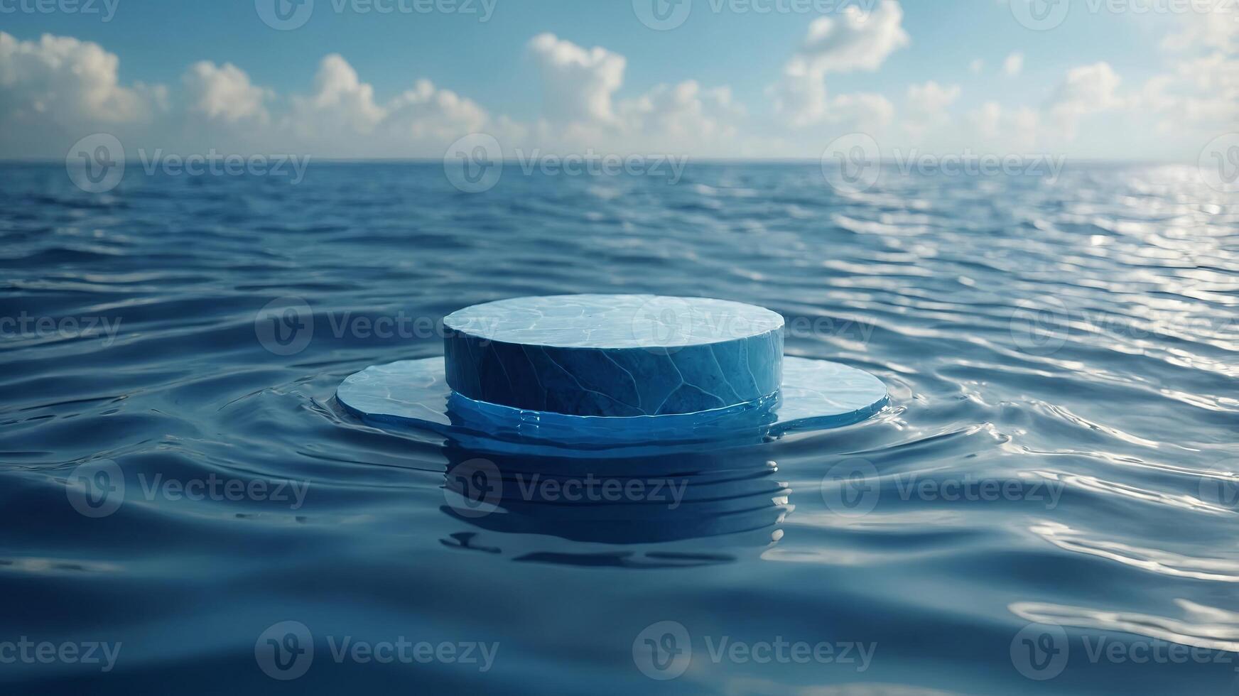 floating blue podium on wavy ripple water background. . photo