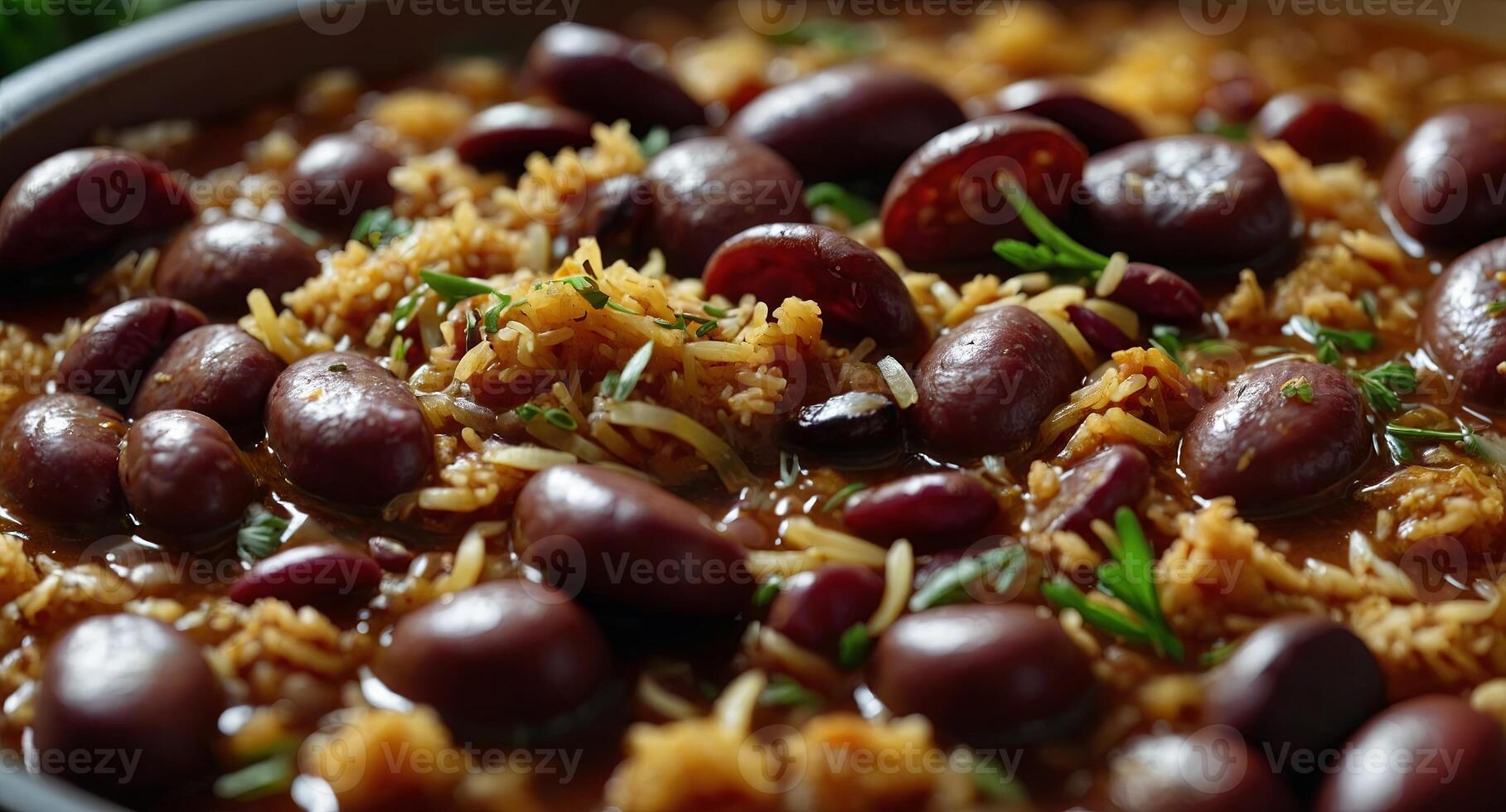 Red beans and rice simmering in a macro close-up, surrounded by spices and herbs, creating a savory and delicious Cajun and Creole comfort food meal. photo