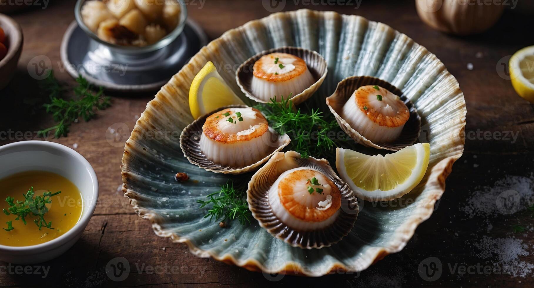 fresh scallop shell seafood meal snack on the table copy space food background rustic top view. photo