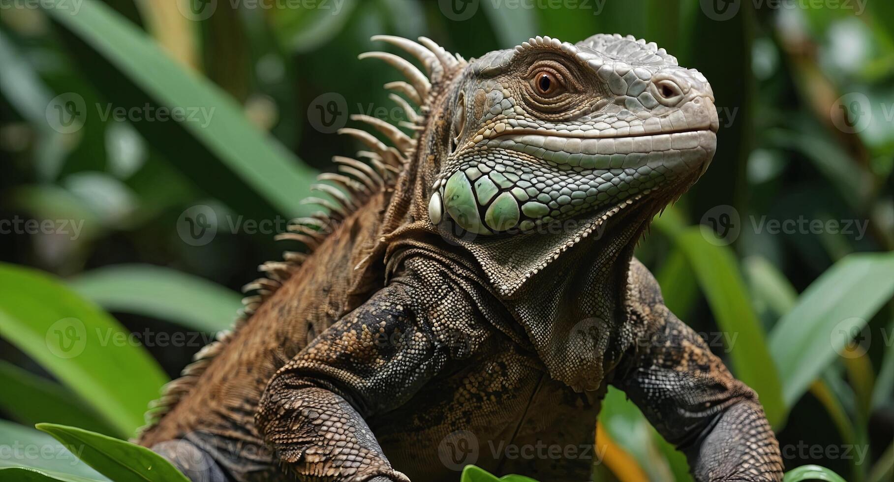 brown iguana eating plants with green plants behind costa rica. photo