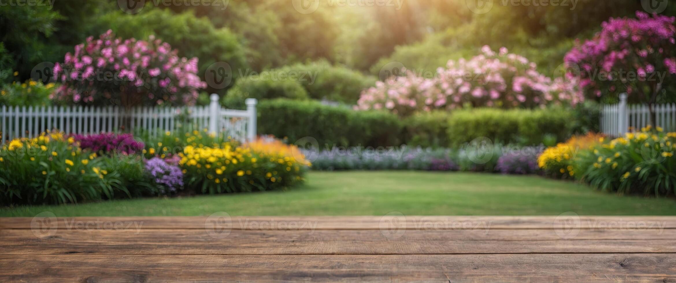 empty wooden table for product display with aster garden background. photo