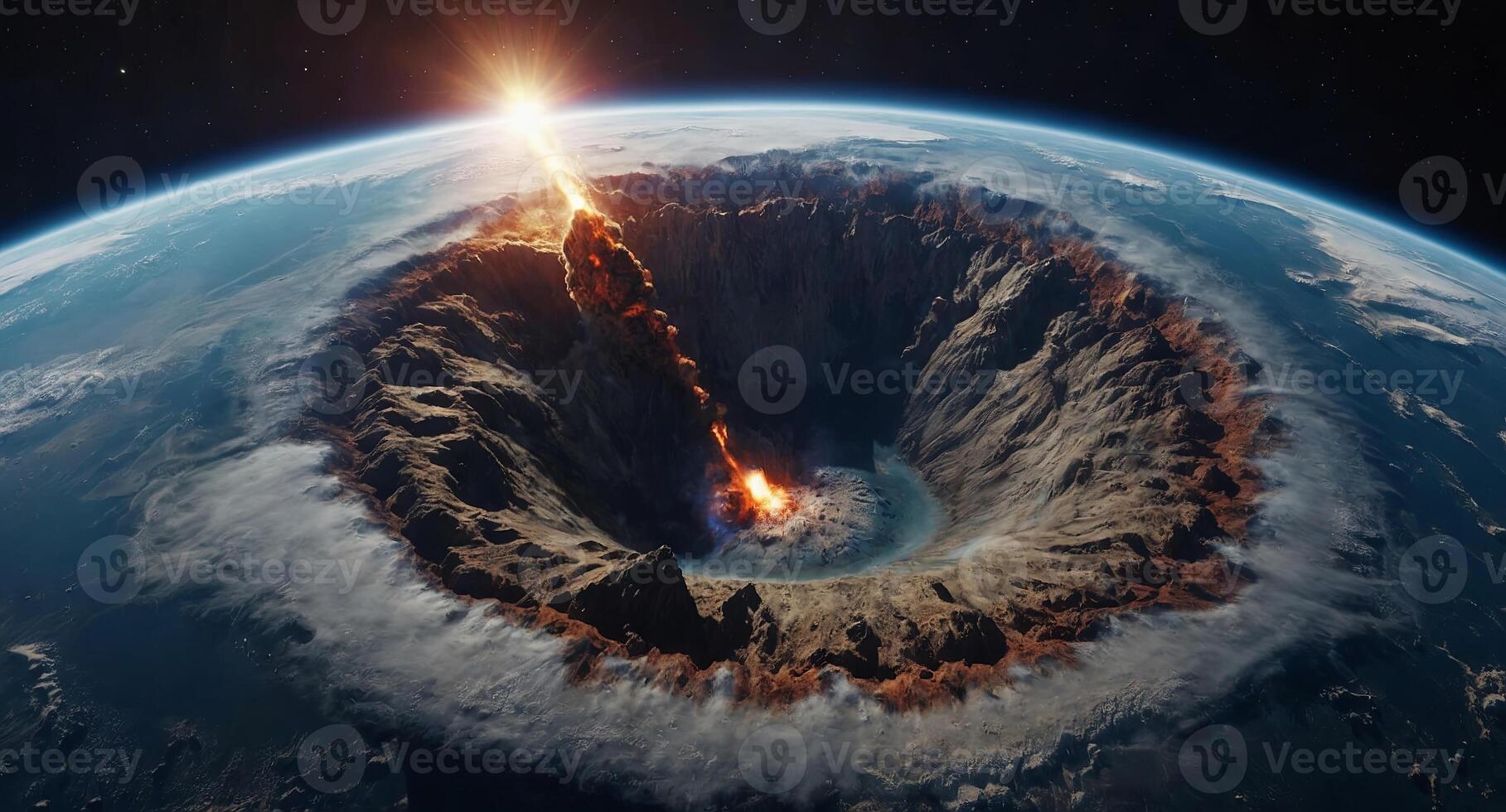 a giant impact crater viewed from space destruction of earth the big bang Extinction Event. photo
