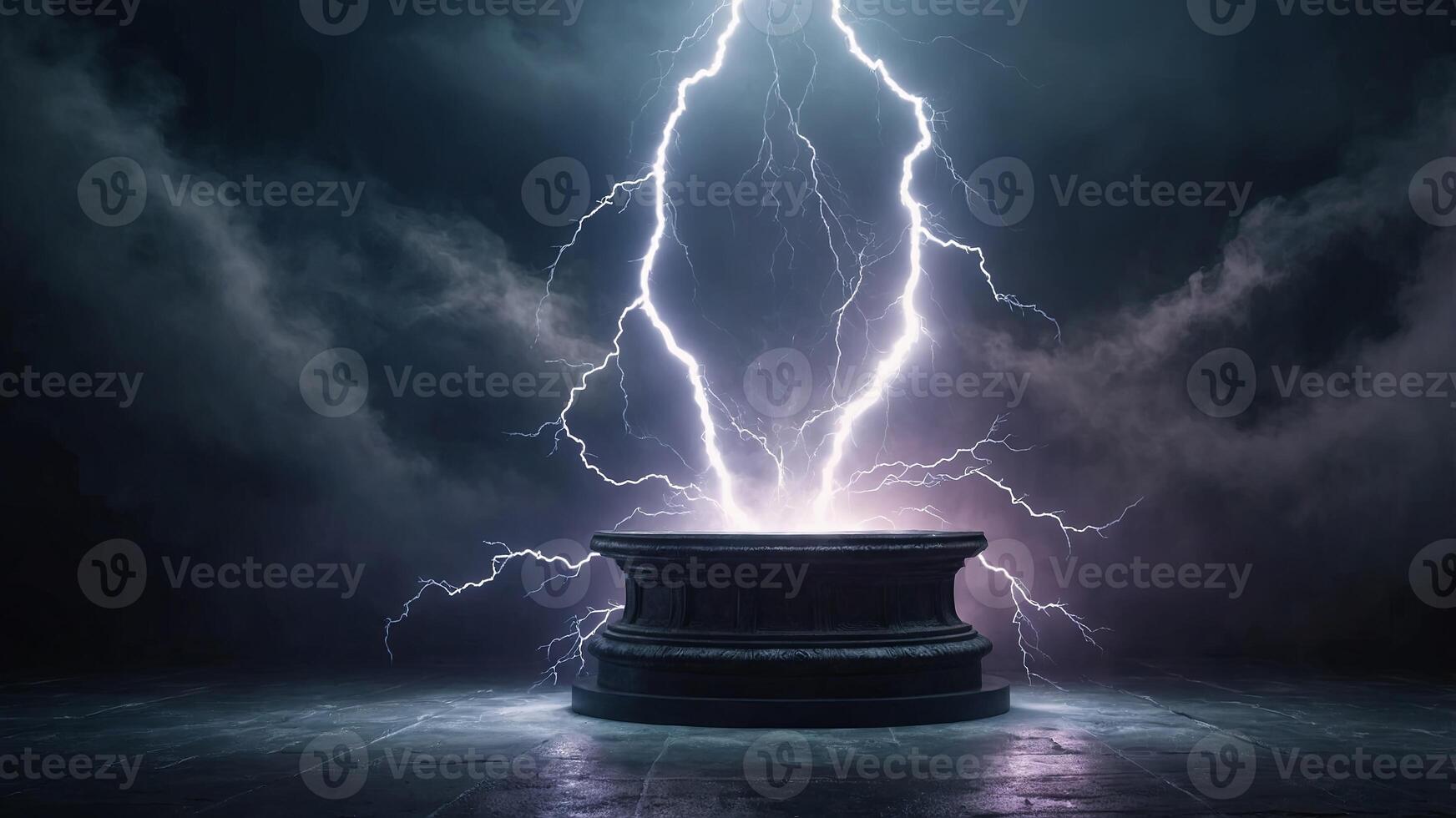 Dramatic round pedestal with lightning and fog background, perfect for showcasing virtual products or abstract themes. photo