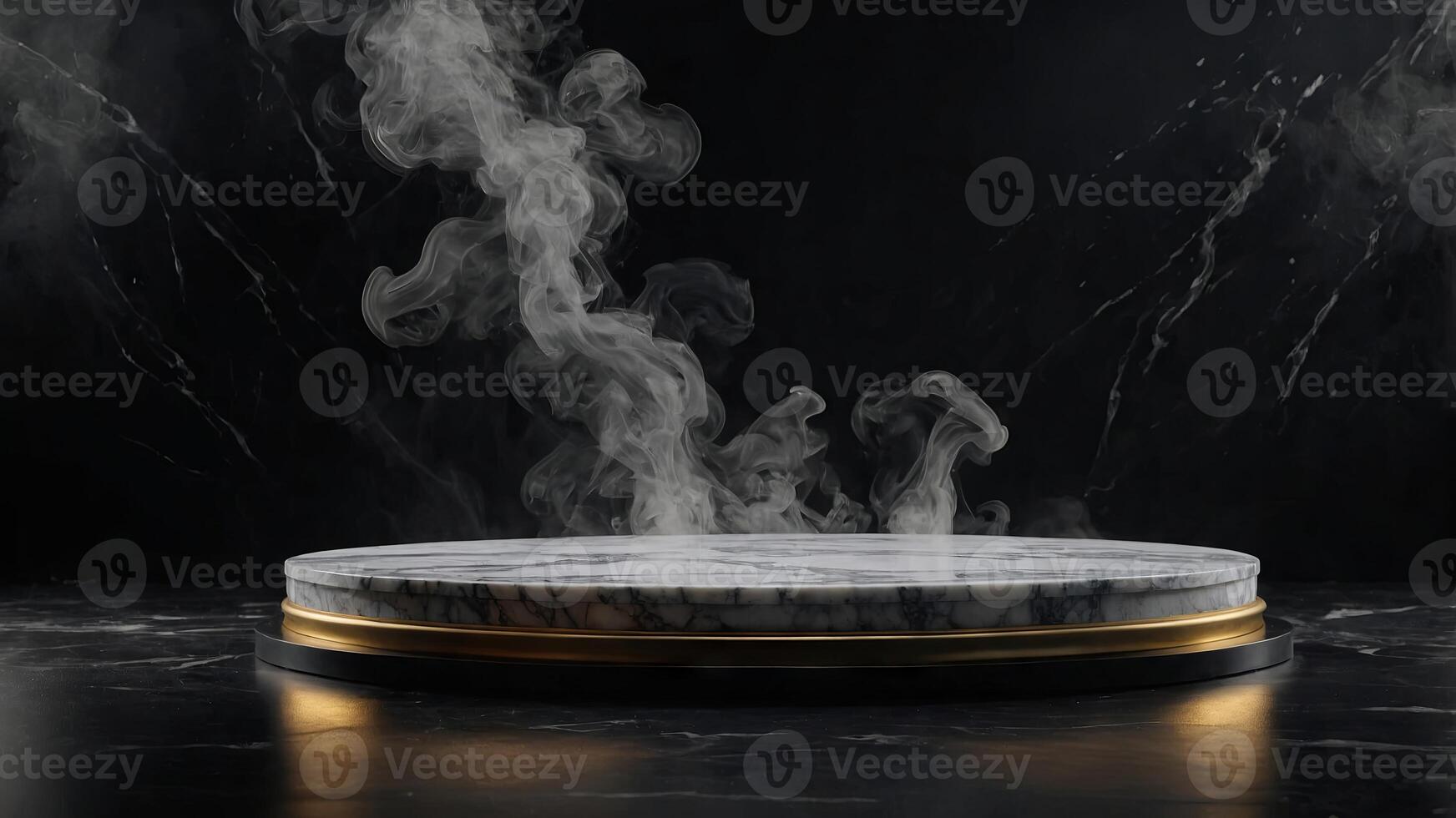 Empty round marble podium with smoke on black platform with black background for product display. photo