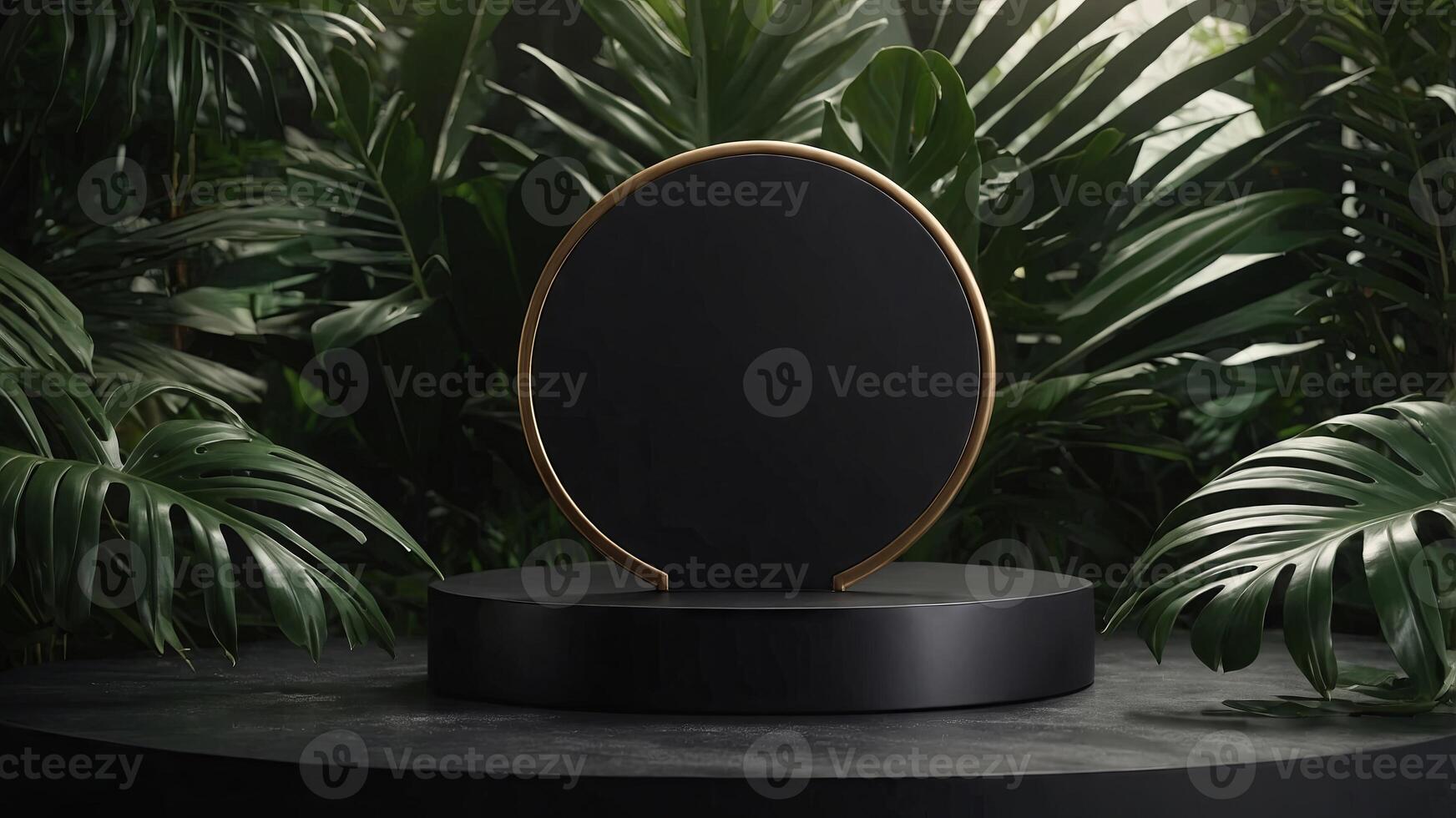 Elegant product presentation scene with black ceramic round podium, soft lighting, and tropical leaves, illustration background. . photo